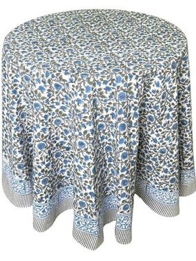 Blue and White Floral Round Tablecloth with Border